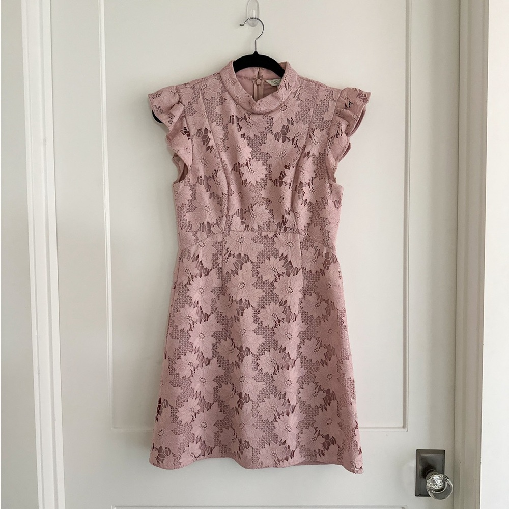 Rachel Zoe pink mini dress with floral lace overlay detail
